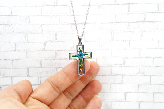 Cross Necklace Pressed Flower Resin Necklace: Gold/Silver Frame