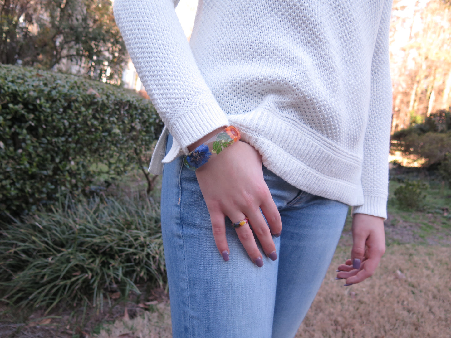 Botanical bangle bracelet, Real Pink flower bangle