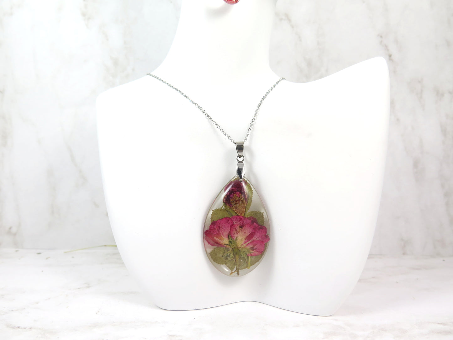 Red Rose artisan necklace Pressed flowr in resin