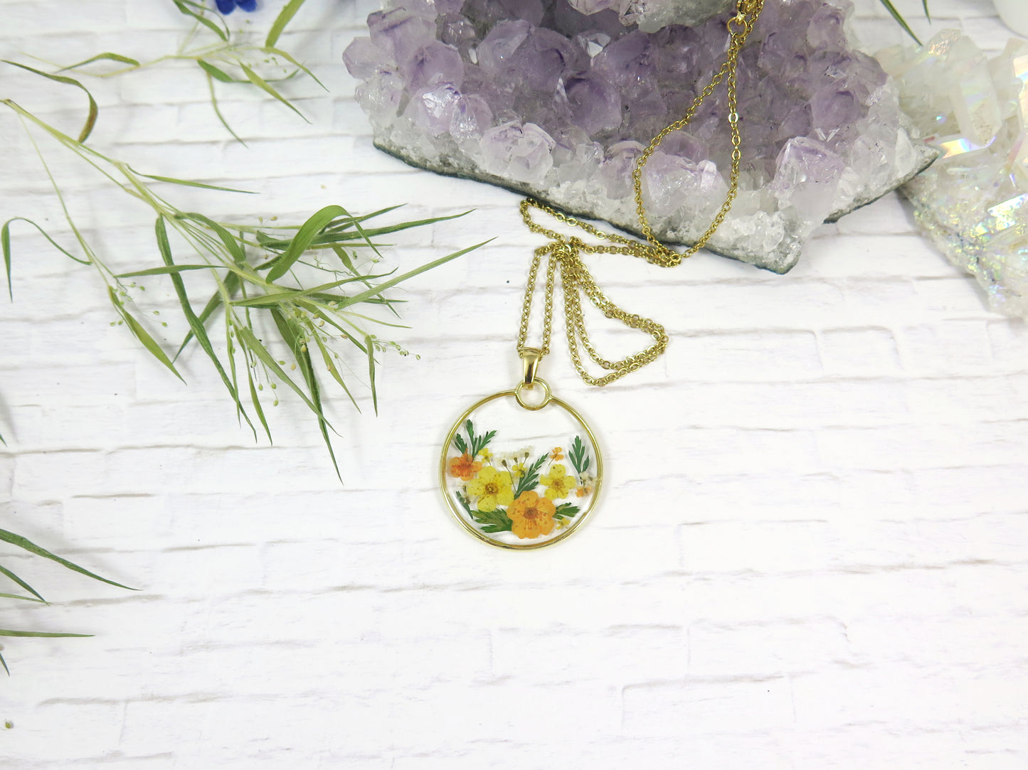 Summer sunshine pressed flowers necklace Handmade resin jewelry