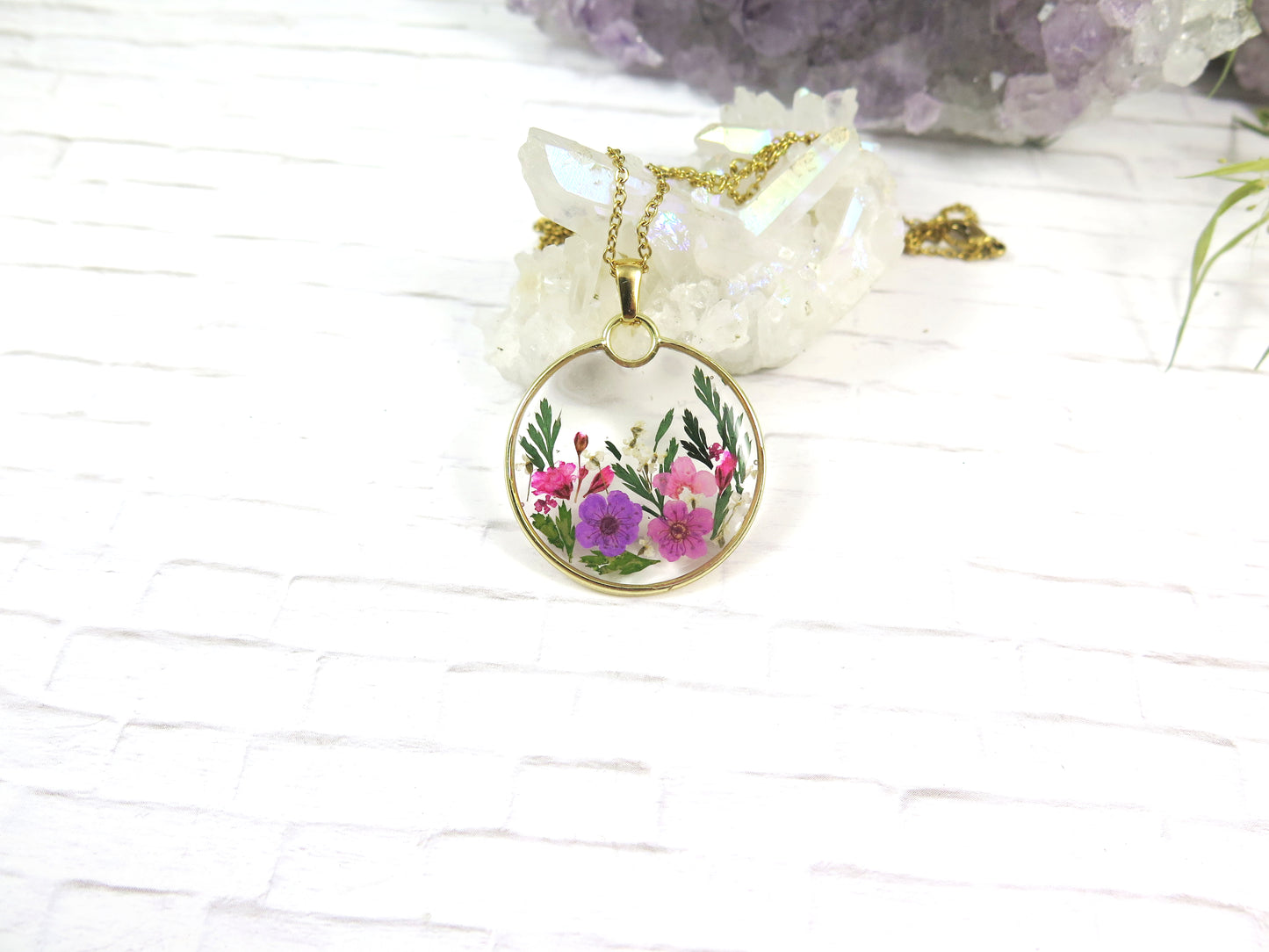 Small dried flowers necklace Handmade resin jewelry