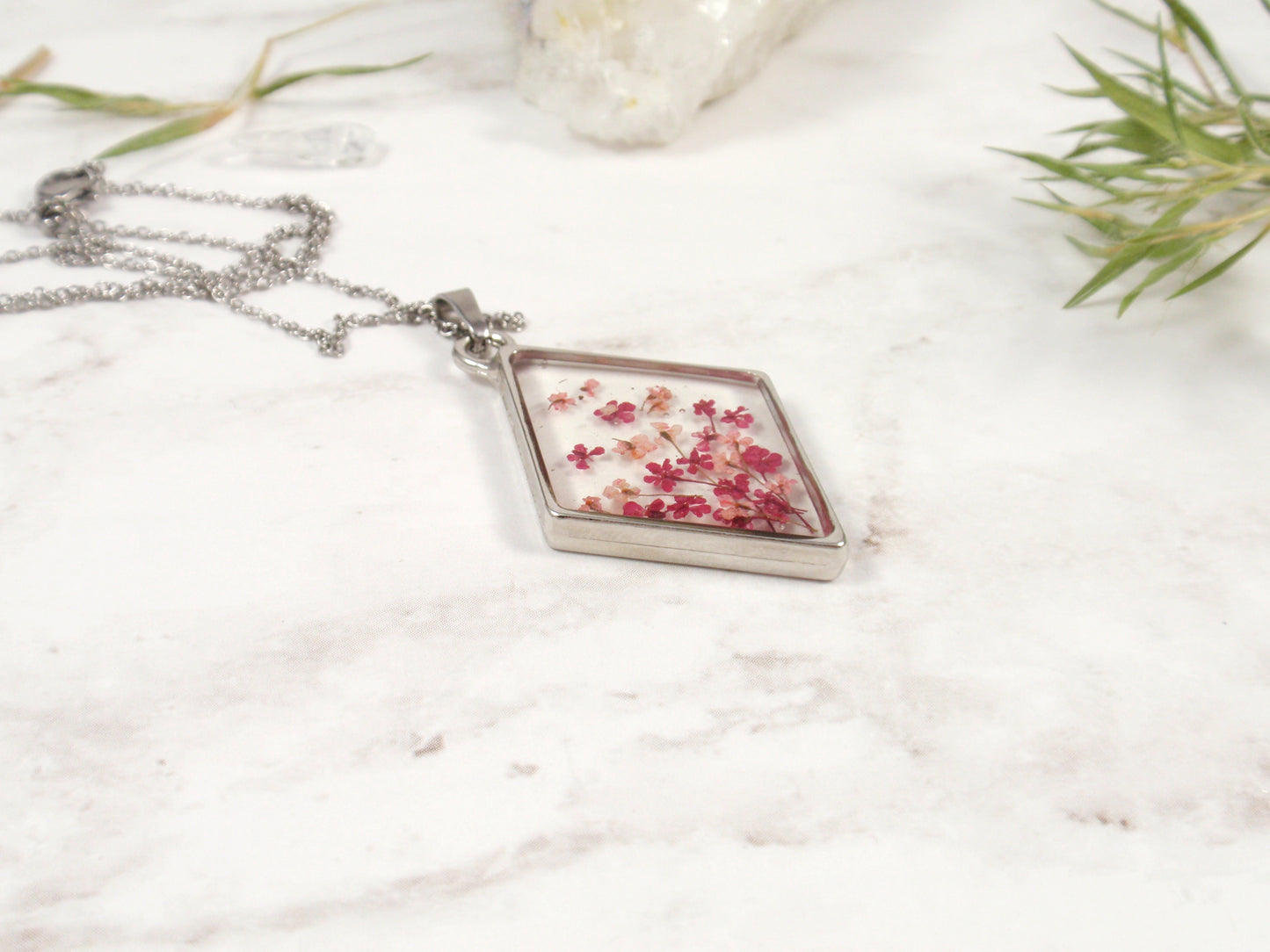 Tiny Pressed flowers rhombus necklace Queen Annes lace flower pendant