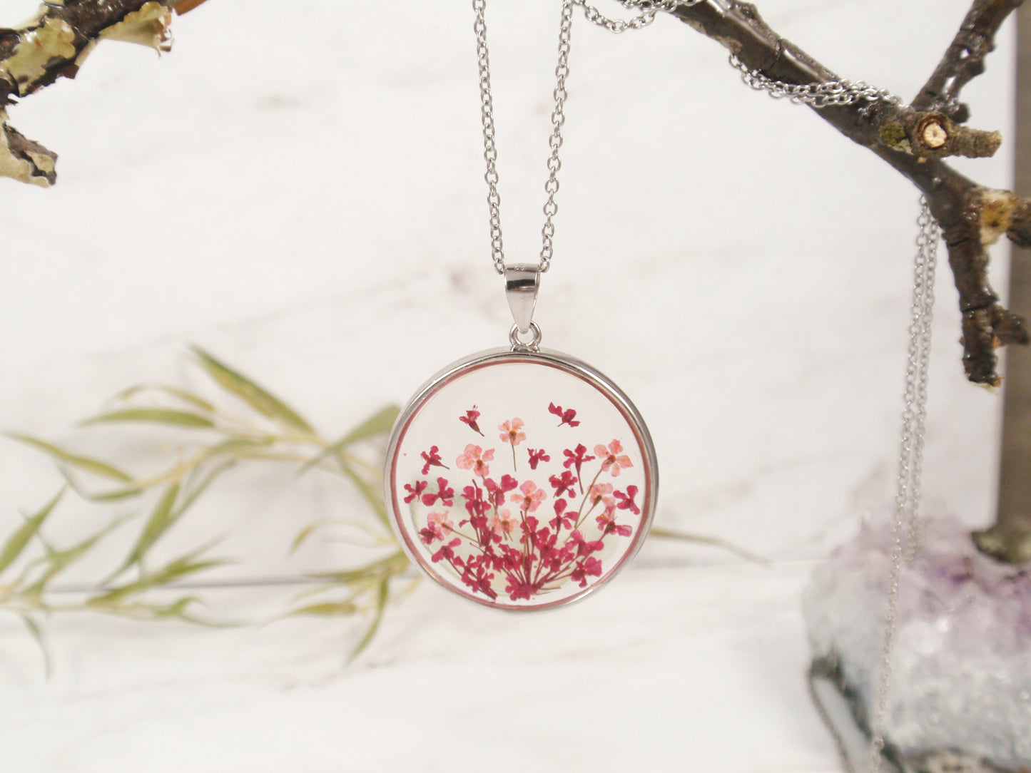 Queen Annes lace flower resin necklace