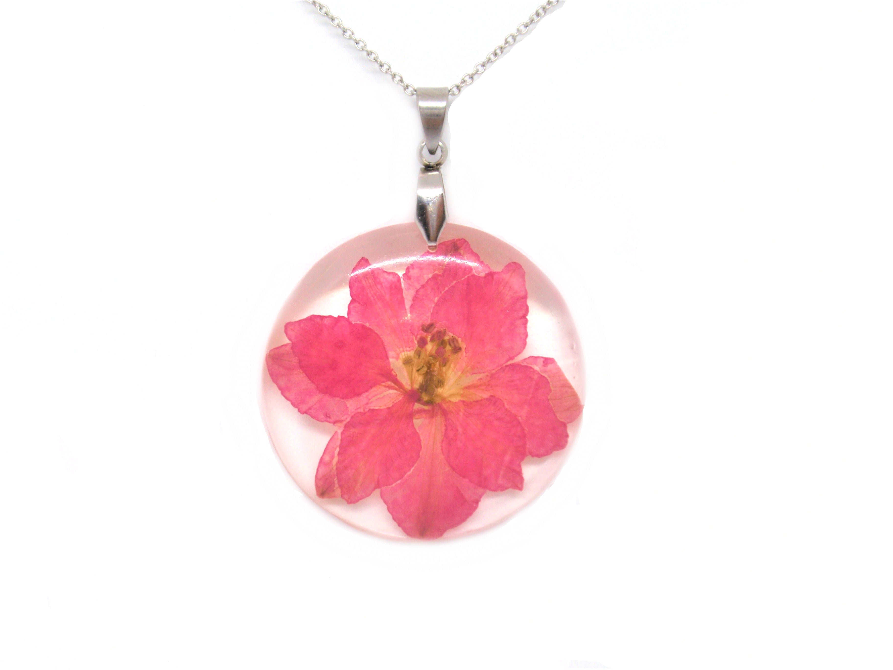Flower Necklace Pink Larkspur jewelry, July Birth month flower Smile