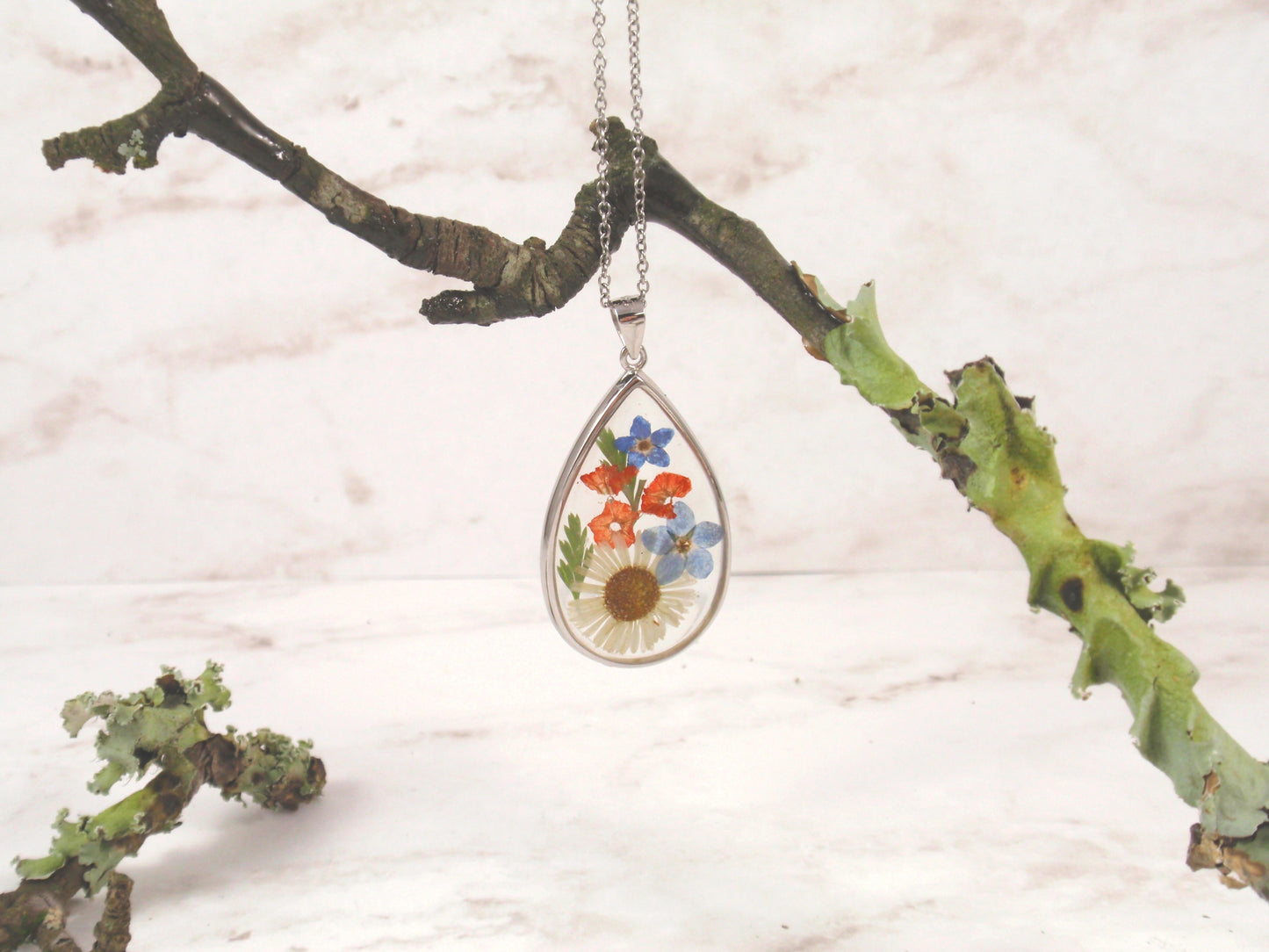 Pressed flowers necklace teardrop pendant