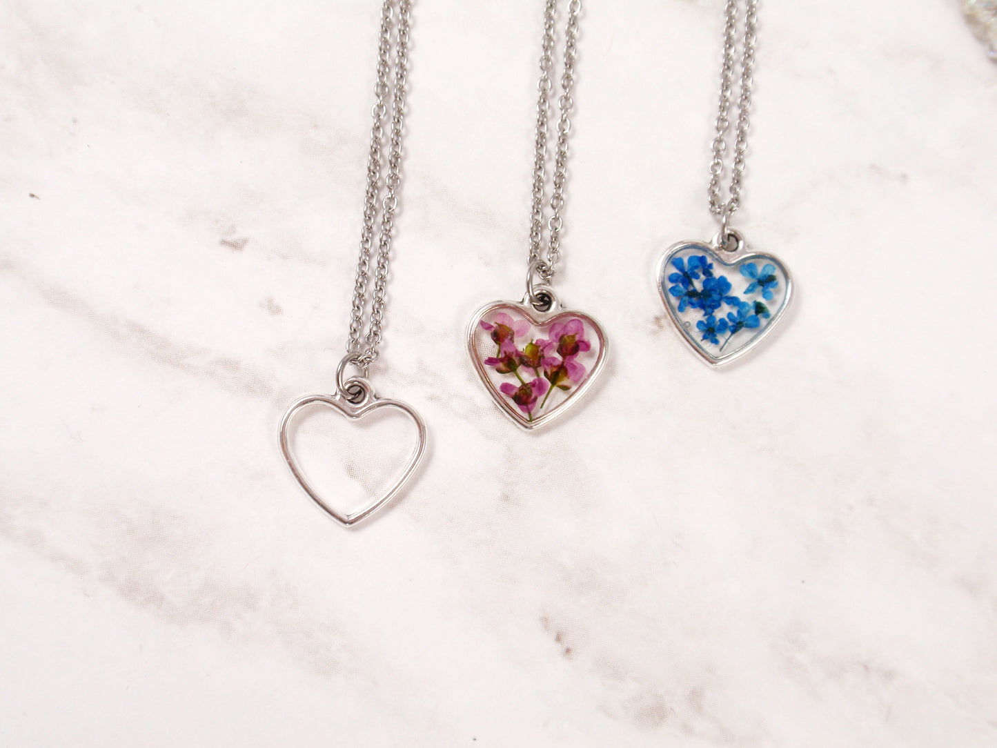 Small heart necklace blue flowers dainty jewelry
