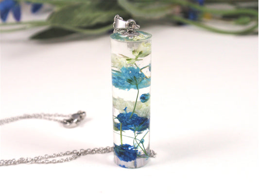 handmade crystal clear cylinder resin necklace contains real dried flowers