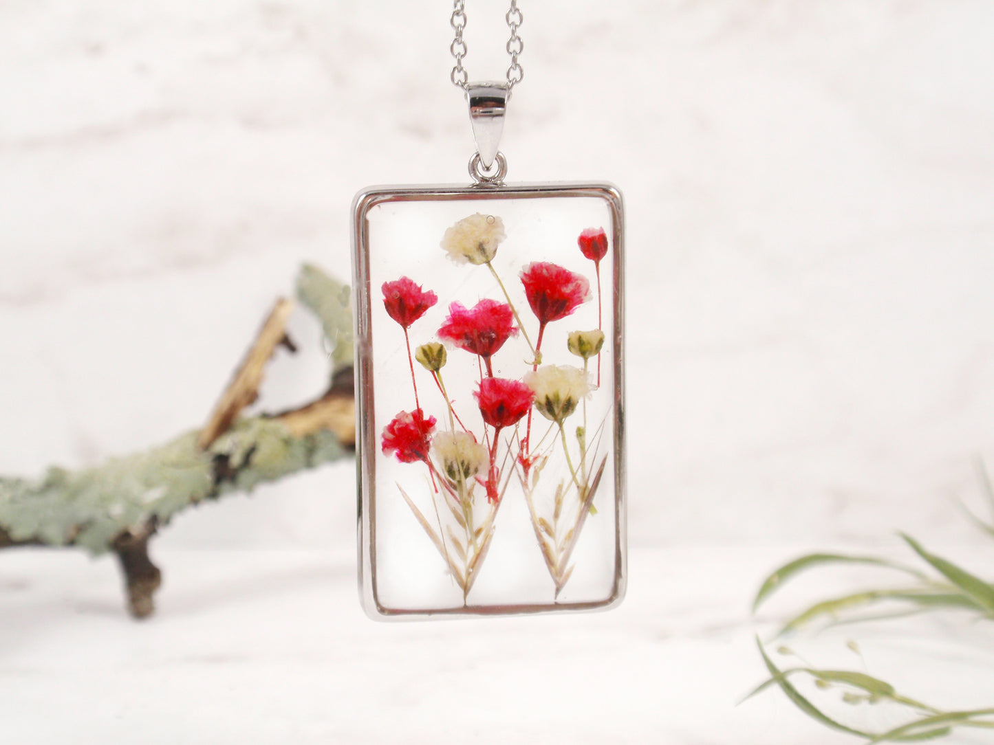 Pressed flowers Rectangle silver necklace real Babys breath flowers in resin