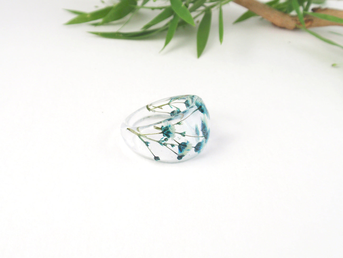 Real flower Resin ring, Blue ring, bridesmaid Jewelry