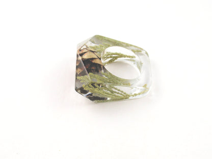 Pine cone and greens Nature ring, Resin ring, Pressed flower jewelry, Botanical ring