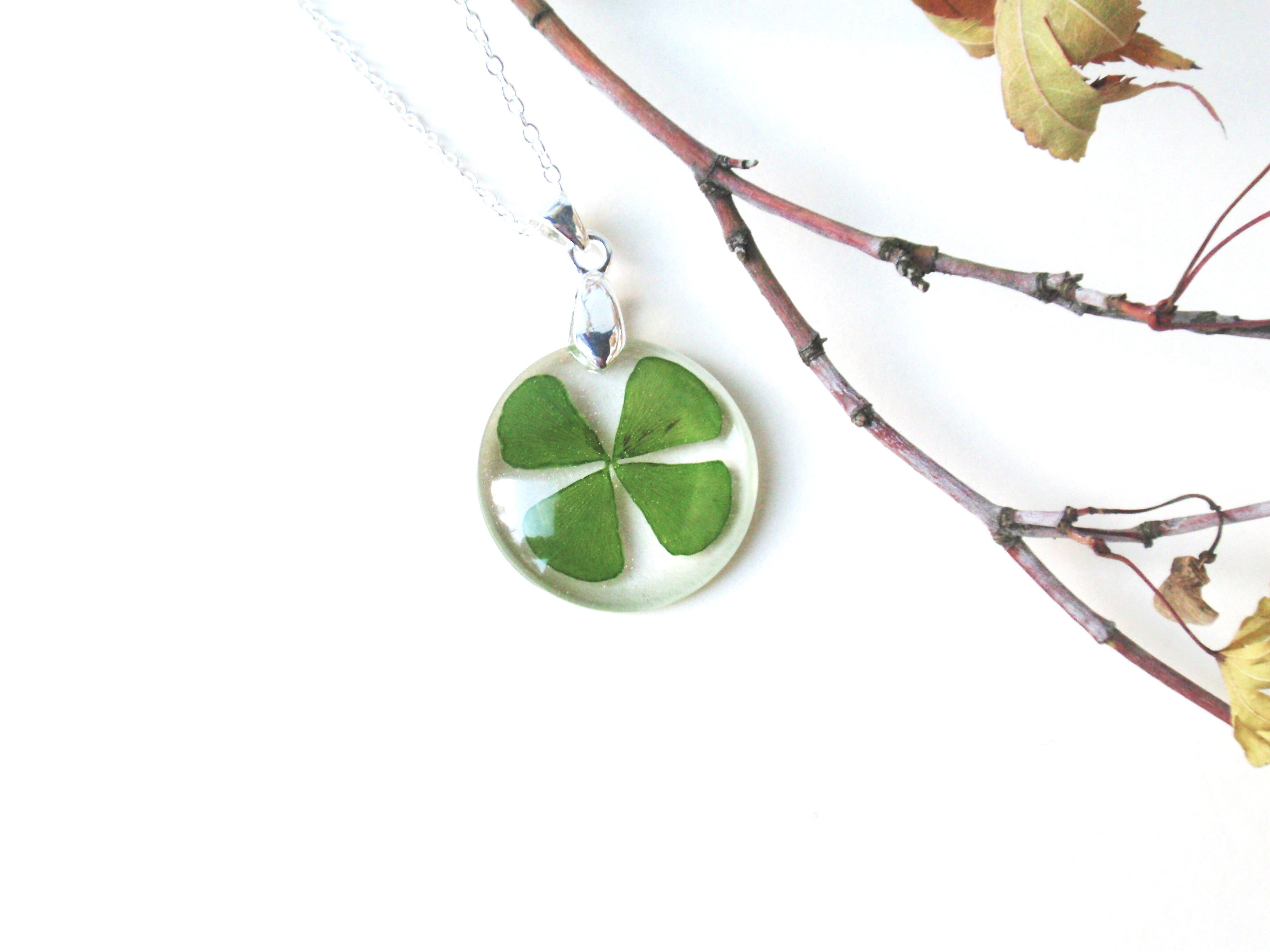 Wax seal green clover necklace. Tiny four leaf clover organically formed by  hand with recycled silver