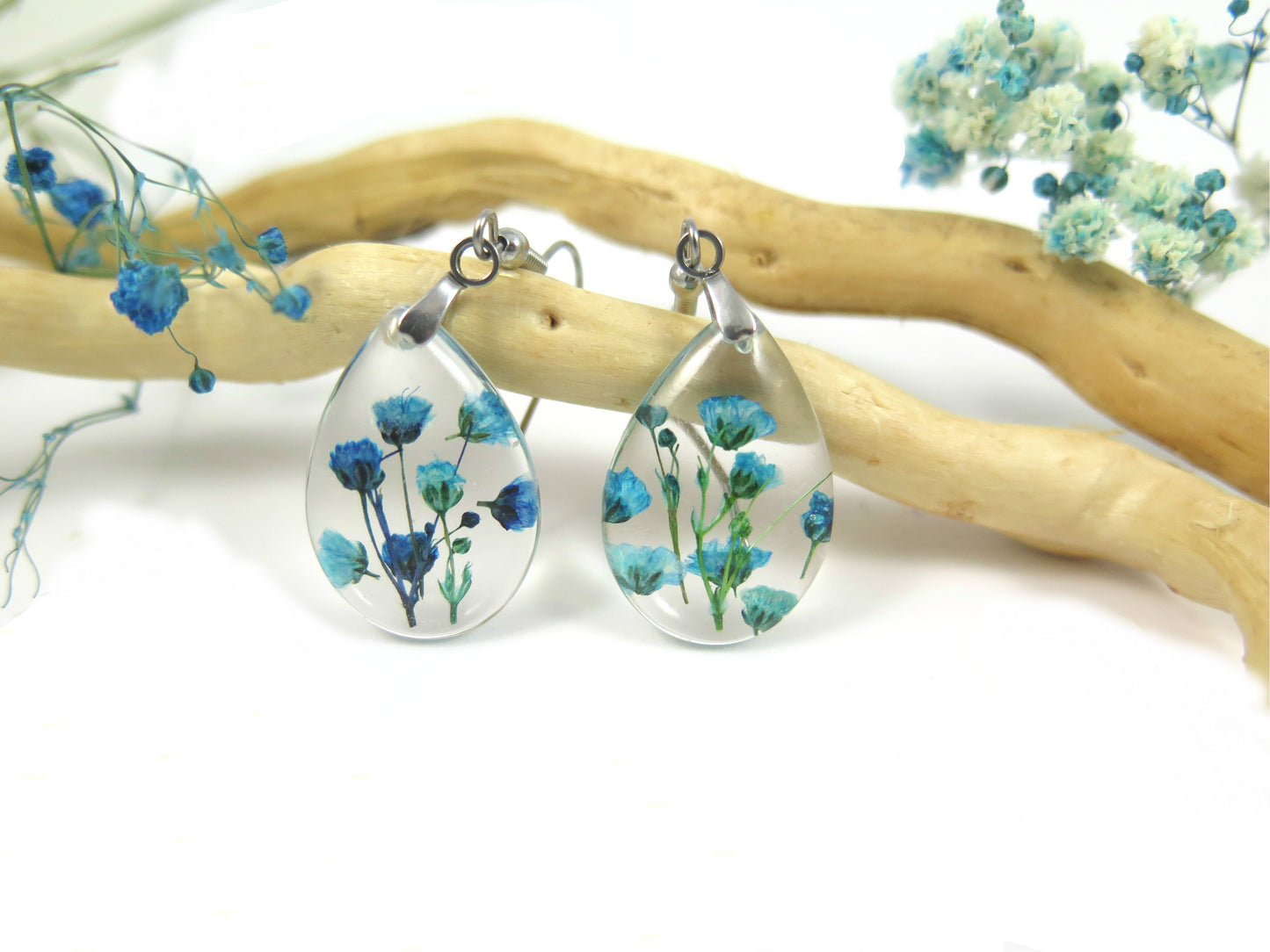 Botanical Resin Earrings with blue Babys breath flowers