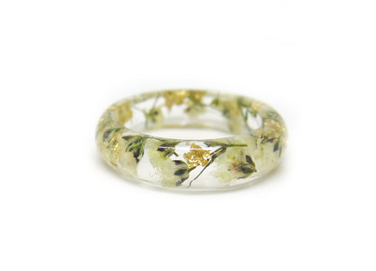 Nature ring Gold flakes and white flowers, Real Flower resin ring