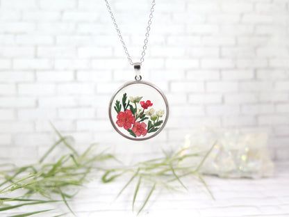 Circle red flowers necklace Handmade jewelry