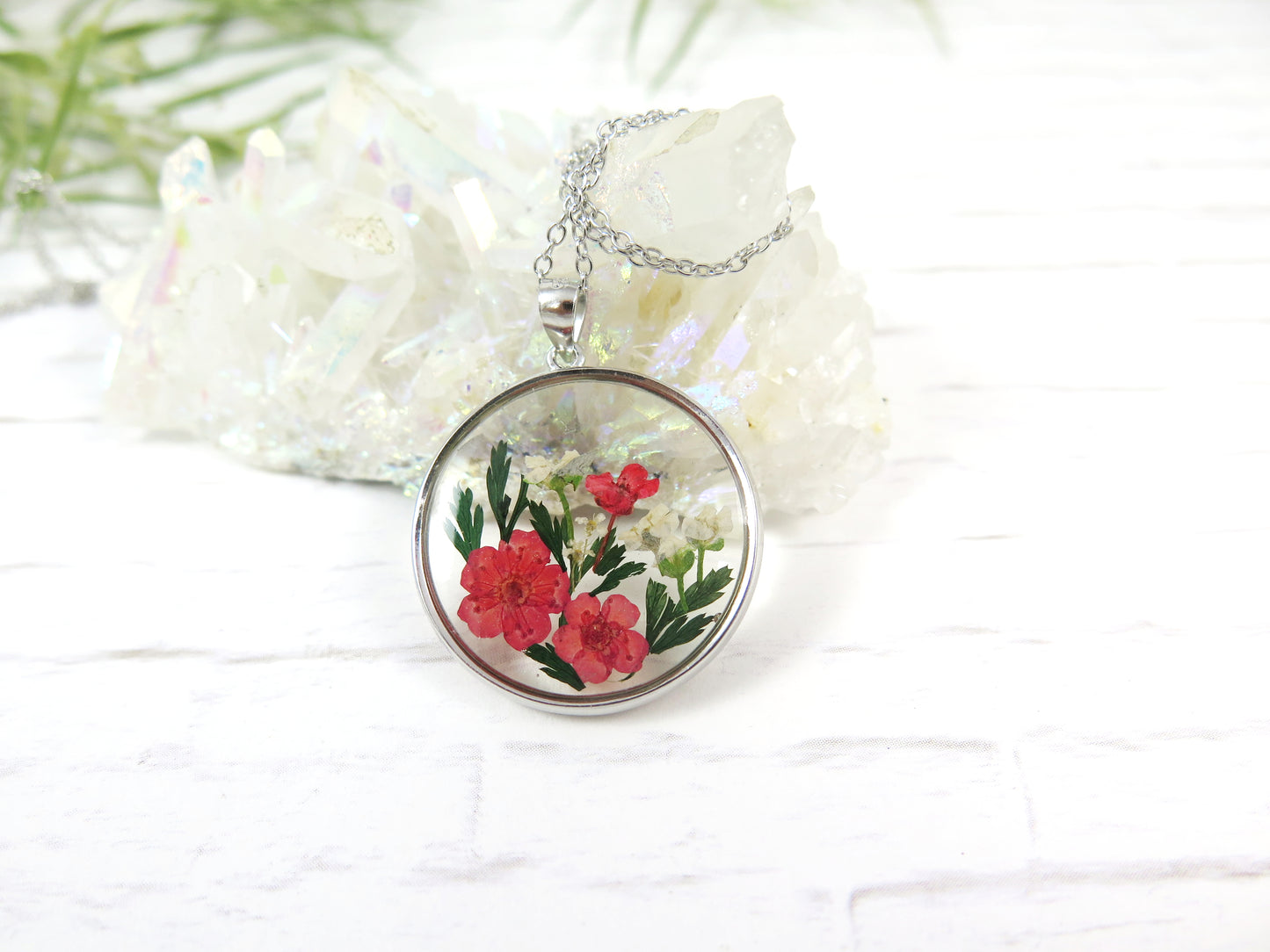 Circle red flowers necklace Handmade jewelry