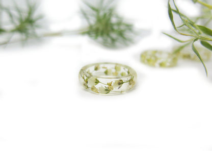 Nature ring Gold flakes and white flowers, Real Flower resin ring