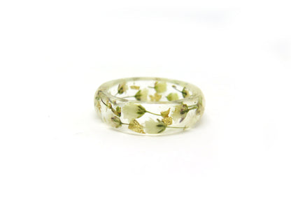 Nature ring Gold flakes and white flowers, Real Flower resin ring