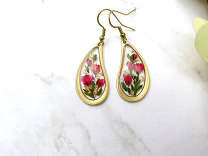 Teardrop dangle earrings Dried flowers resin gold earrings