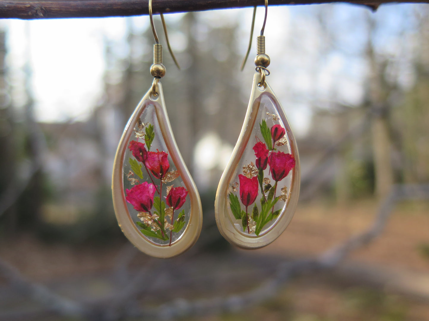 Teardrop dangle earrings Dried flowers resin gold earrings