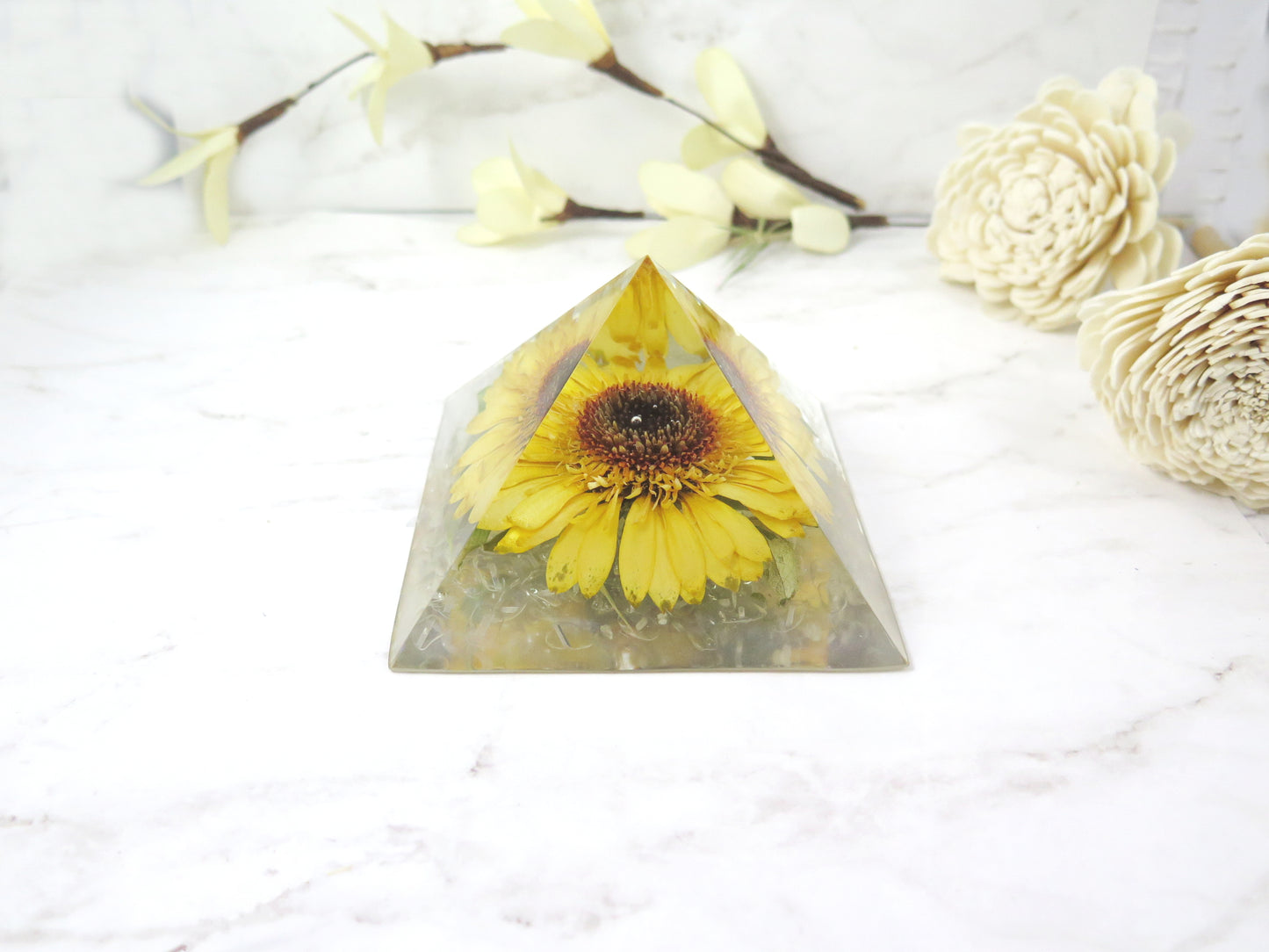 Sunflower Resin pyramid house decor - spiritual gift, Flower crystal pyramid Paperweight