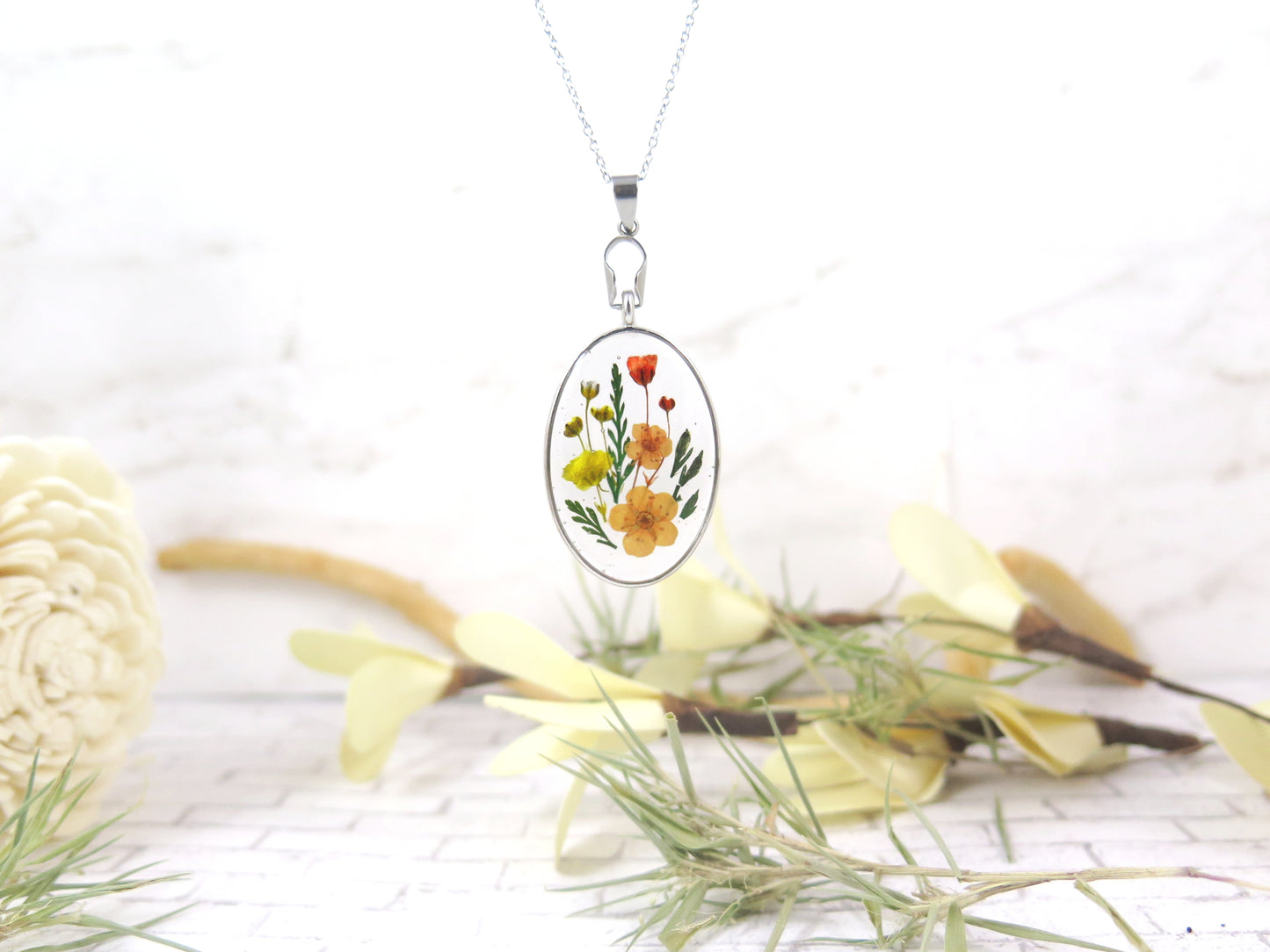 Summer flower oval necklace handmade jewelry