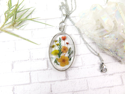 Summer folwers, yellow and orange oval necklace handmade jewelry  