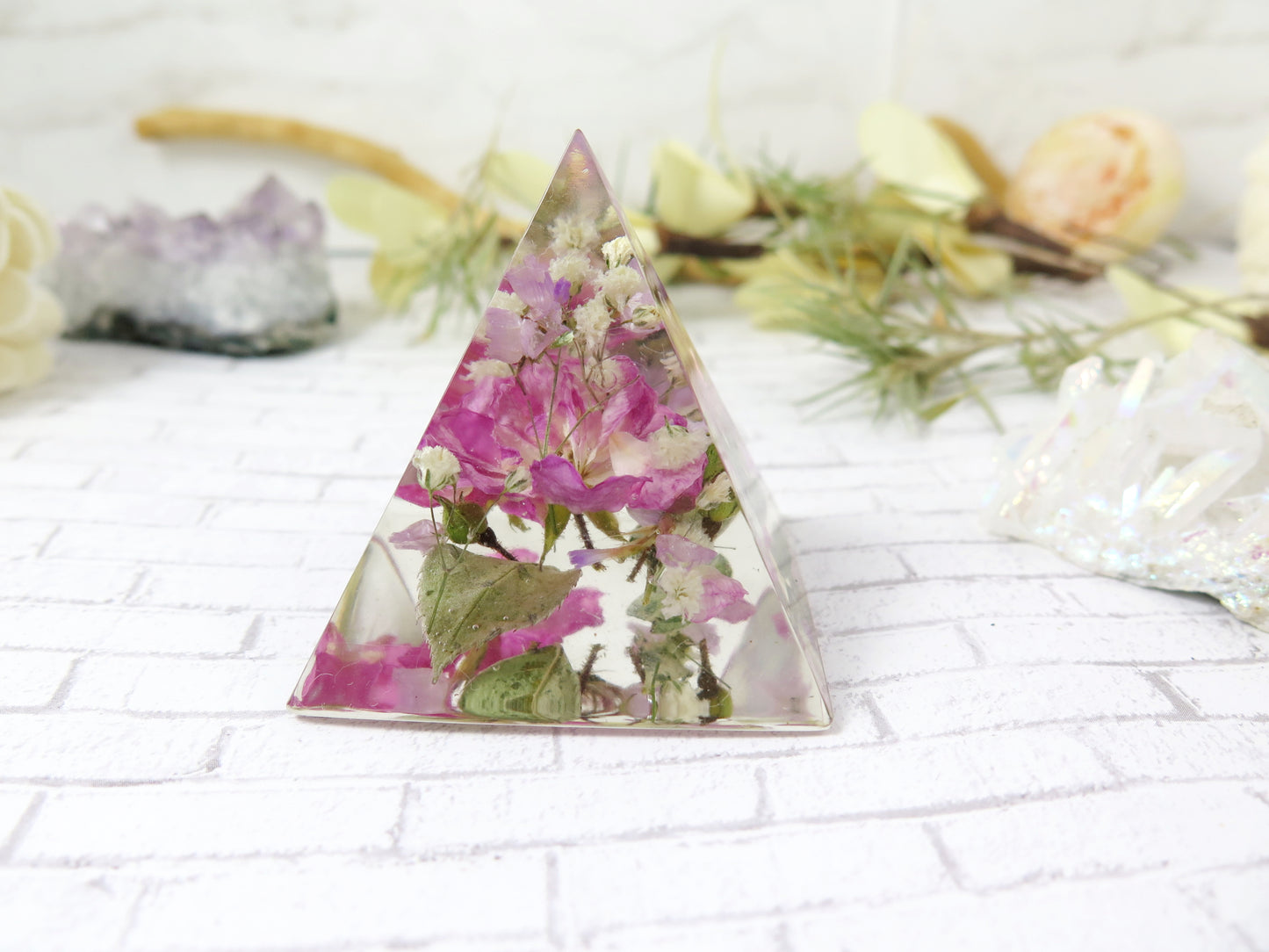 Pink Roses pyramid, paperweinght desk decor real flower pyramid