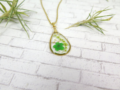 Pressed flower necklace - Gold frame teardrop pendant