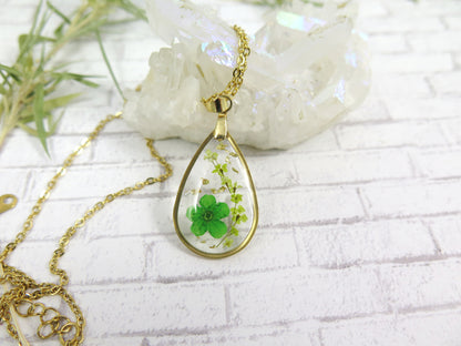 Pressed flower necklace - Gold frame teardrop pendant