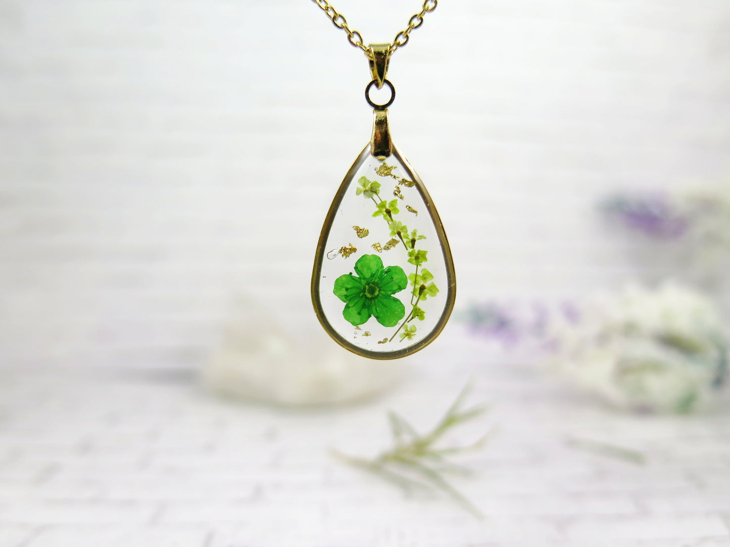 Pressed flower necklace - Gold frame teardrop pendant