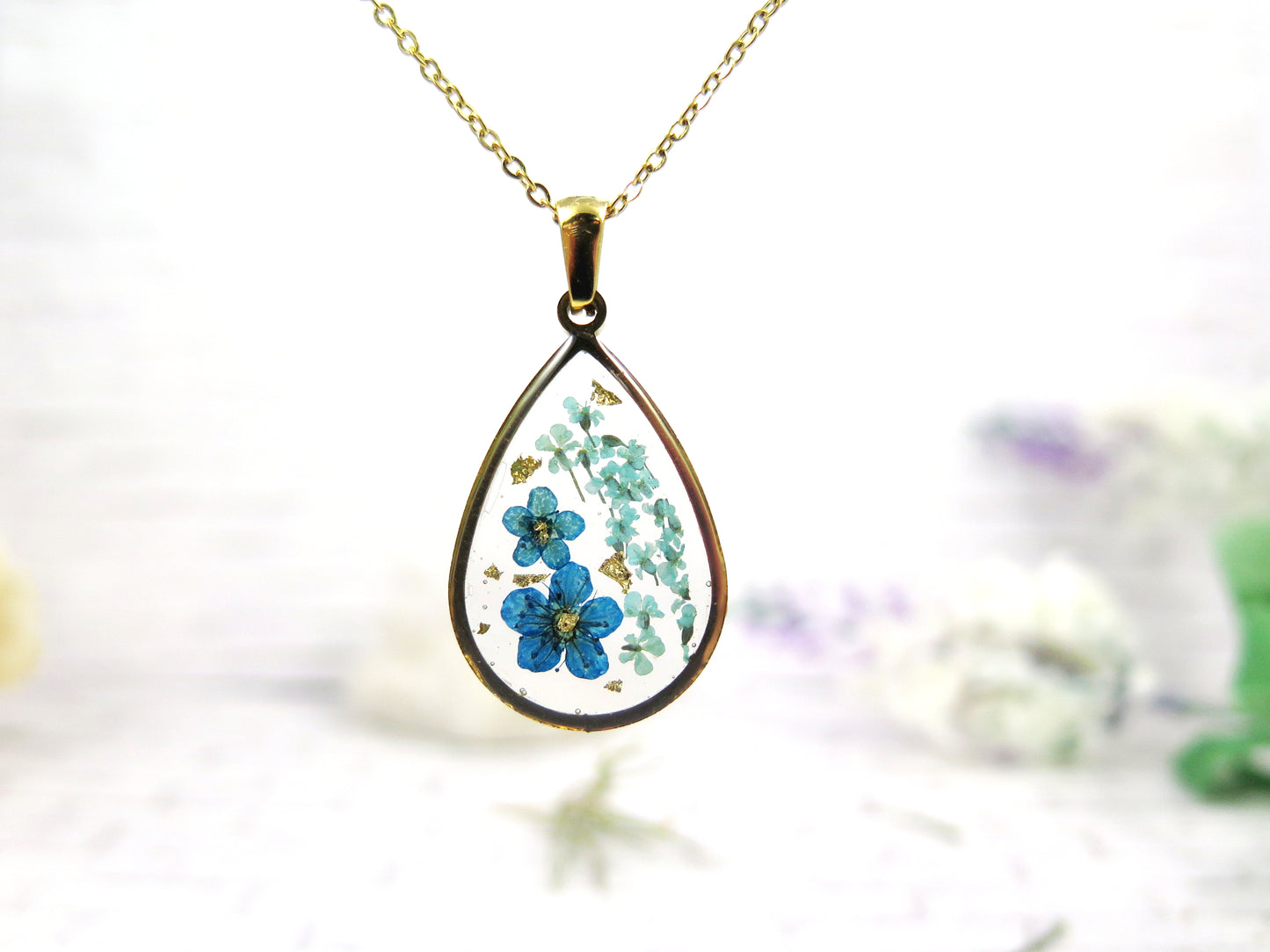 Blue Flower necklace - Gold frame teardrop pendant