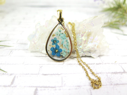 Blue Flower necklace - Gold frame teardrop pendant