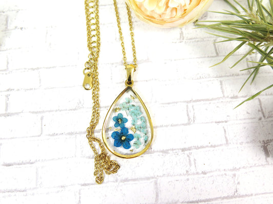 Blue Flower necklace - Gold frame teardrop pendant