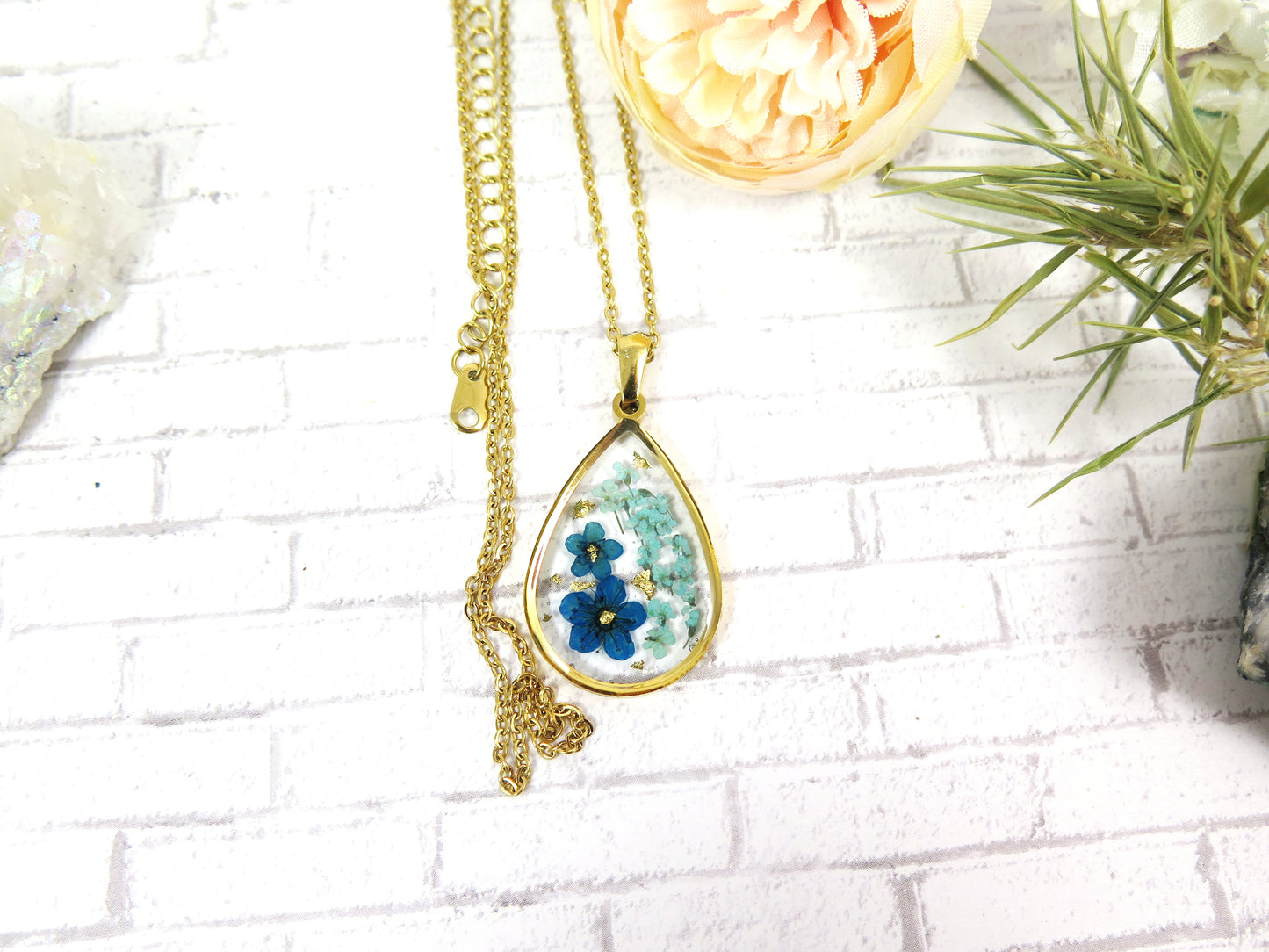 Blue Flower necklace - Gold frame teardrop pendant