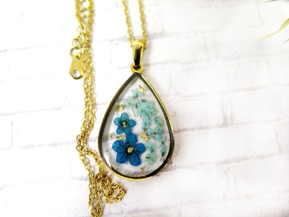 Blue Flower necklace - Gold frame teardrop pendant