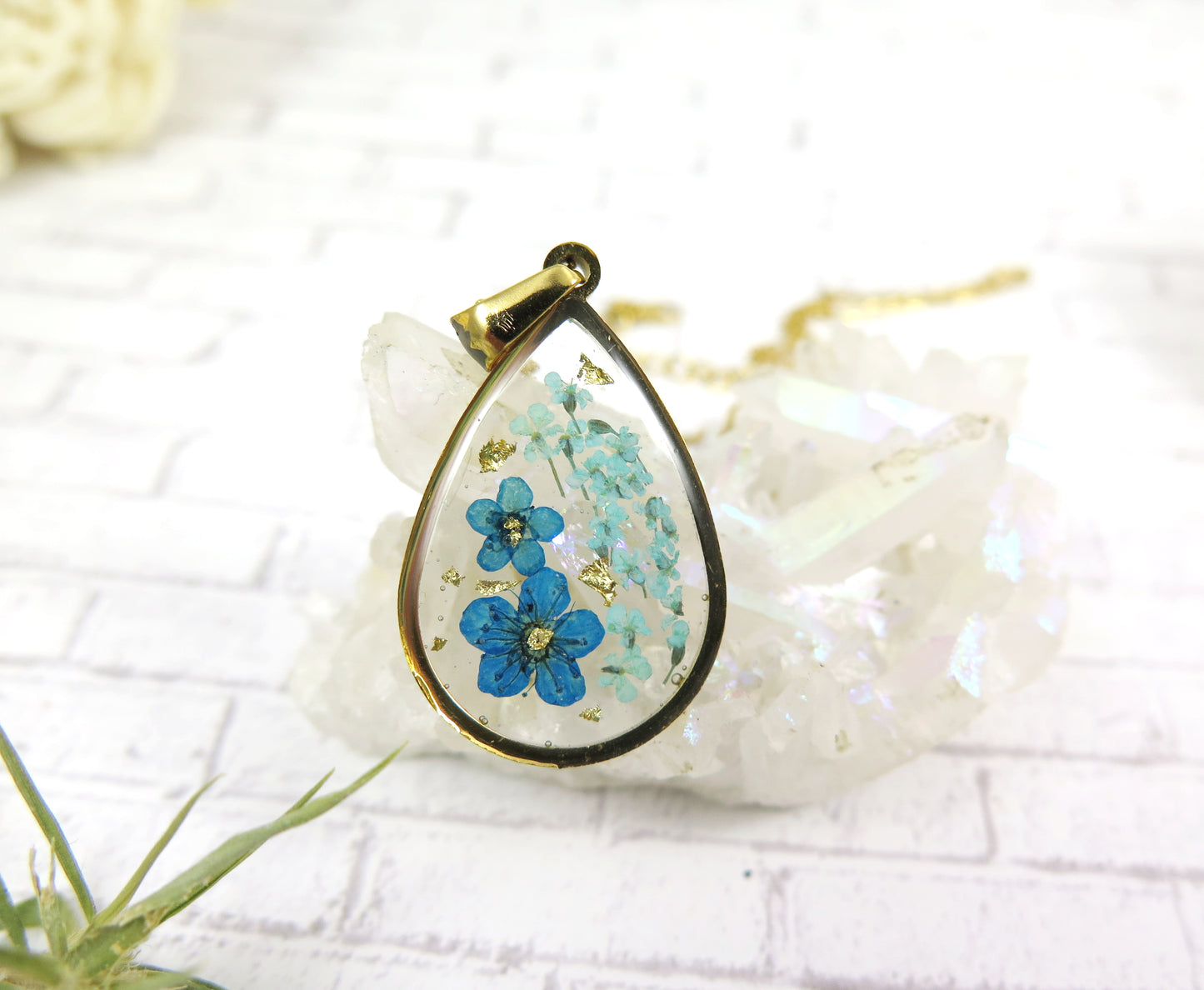 Blue Flower necklace - Gold frame teardrop pendant