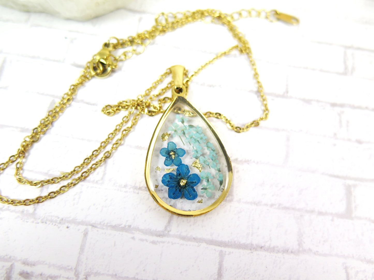 Blue Flower necklace - Gold frame teardrop pendant