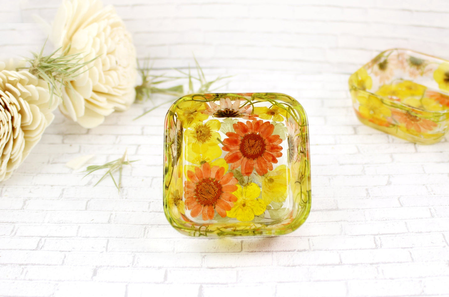 resin ring dish  made with real flower orange daisies and yellow buttercup flowers