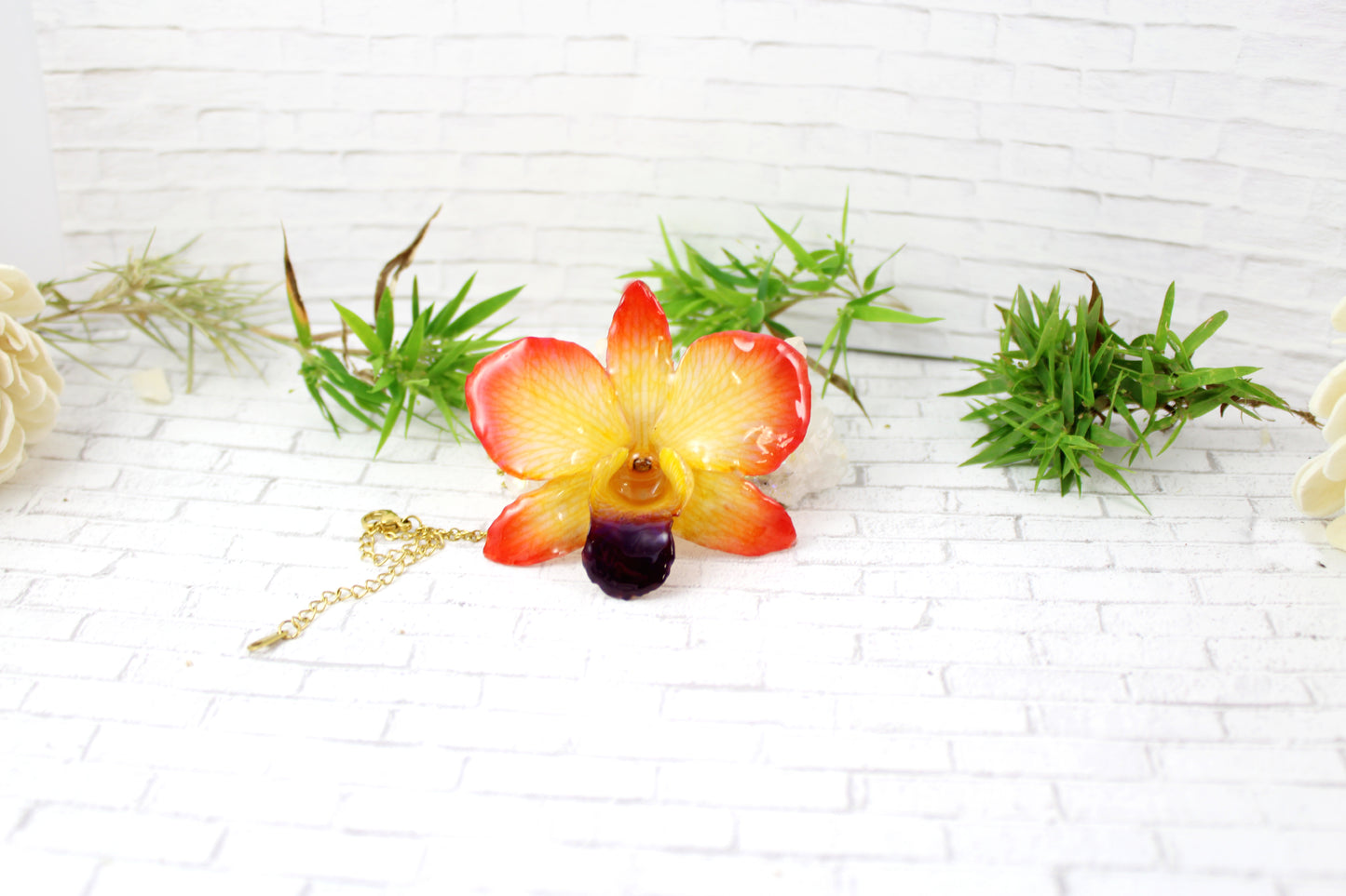 Real Orchid flower necklace Flower Jewelry in Resin Red Yellow