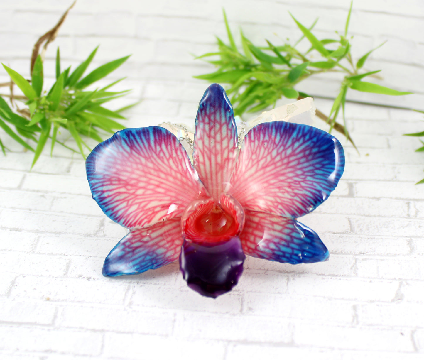 Orchid flower necklace -  Real Blue to Pink Orchid - Jewelry in Resin