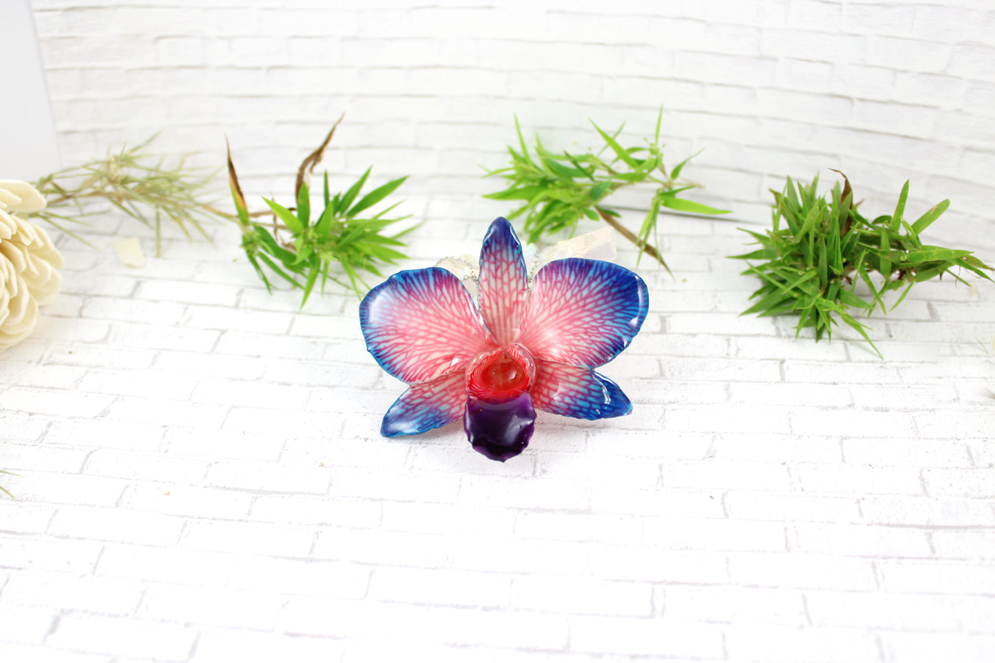 Orchid flower necklace -  Real Blue to Pink Orchid - Jewelry in Resin