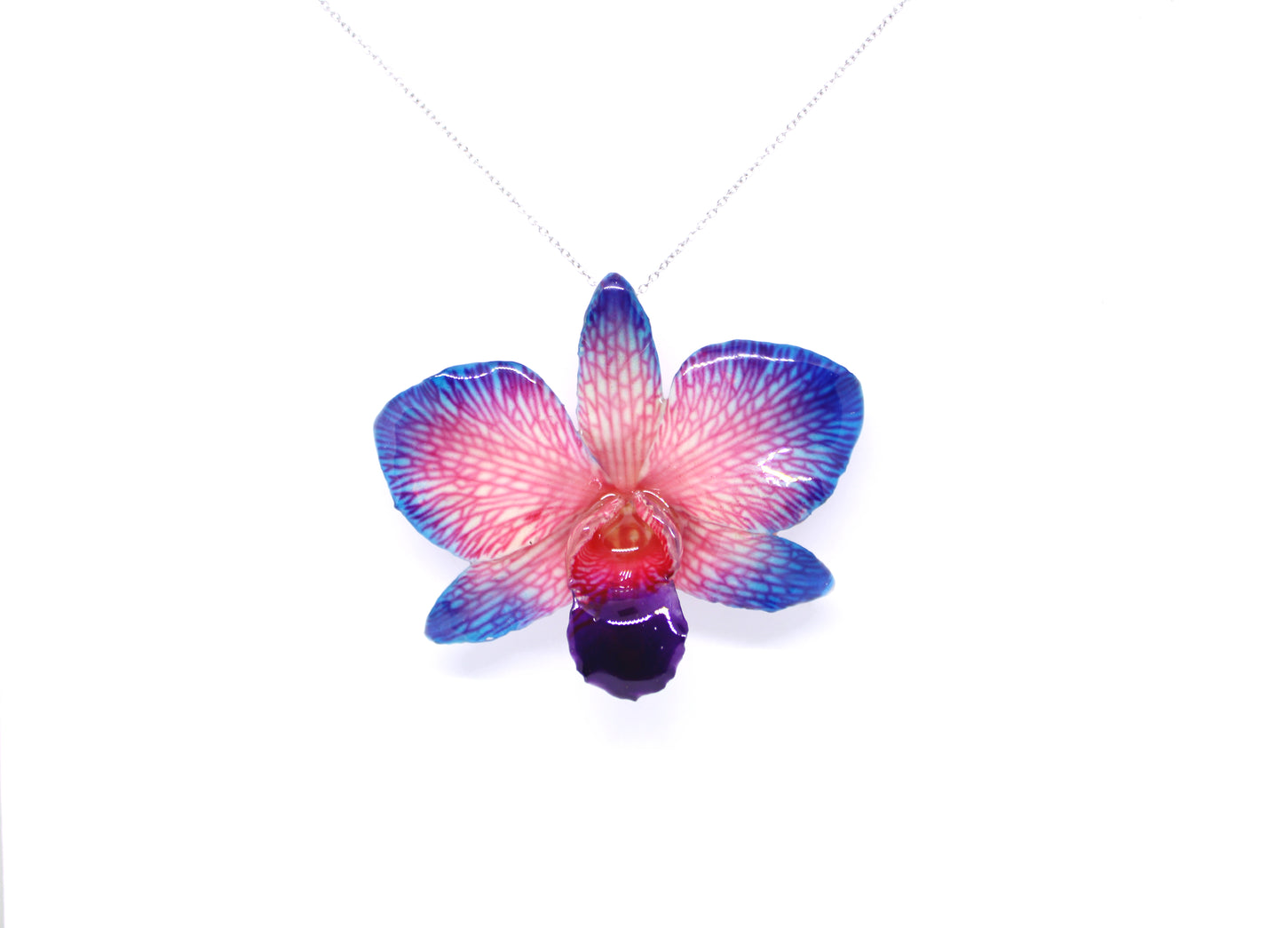 Orchid flower necklace -  Real Blue to Pink Orchid - Jewelry in Resin