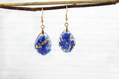 Teardrop earrings with blue Cornflower on gold plated hooks