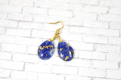 Teardrop earrings with blue Cornflower on gold plated hooks