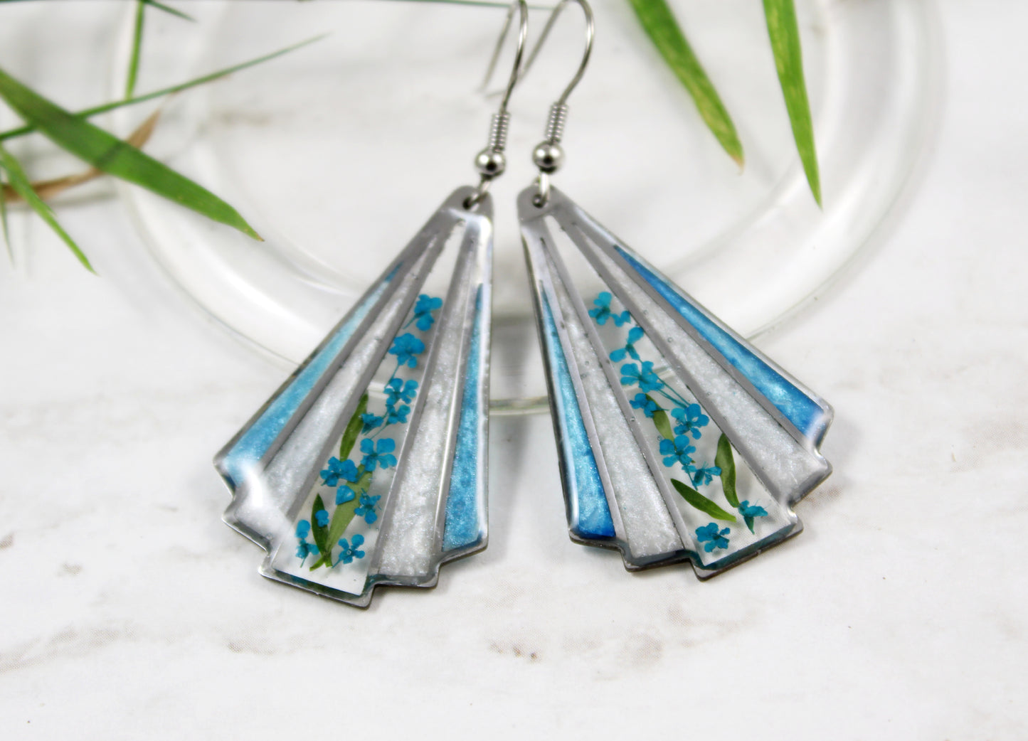 Geometric Earrings with Real Pressed Flowers