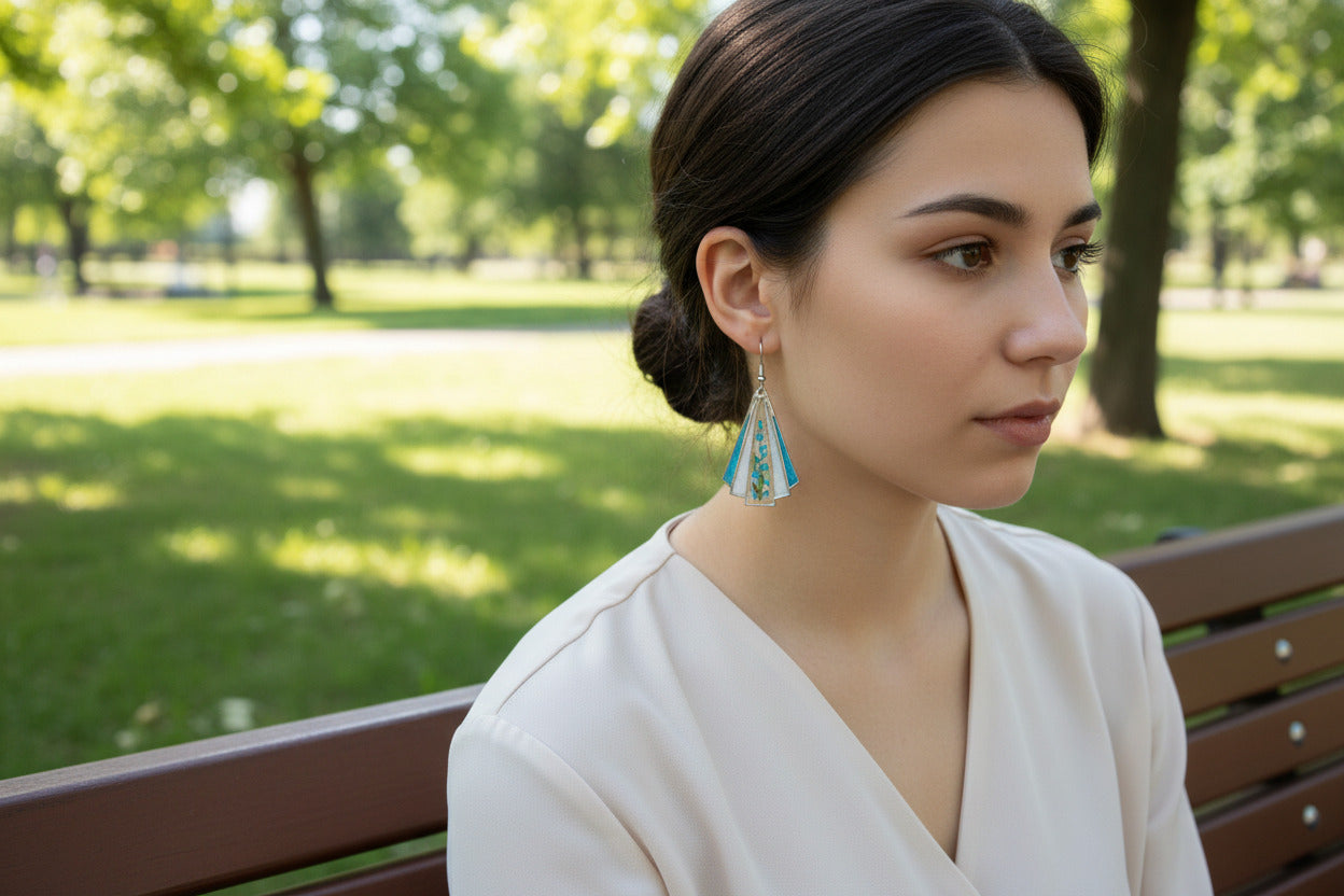 Geometric Earrings with Real Pressed Flowers