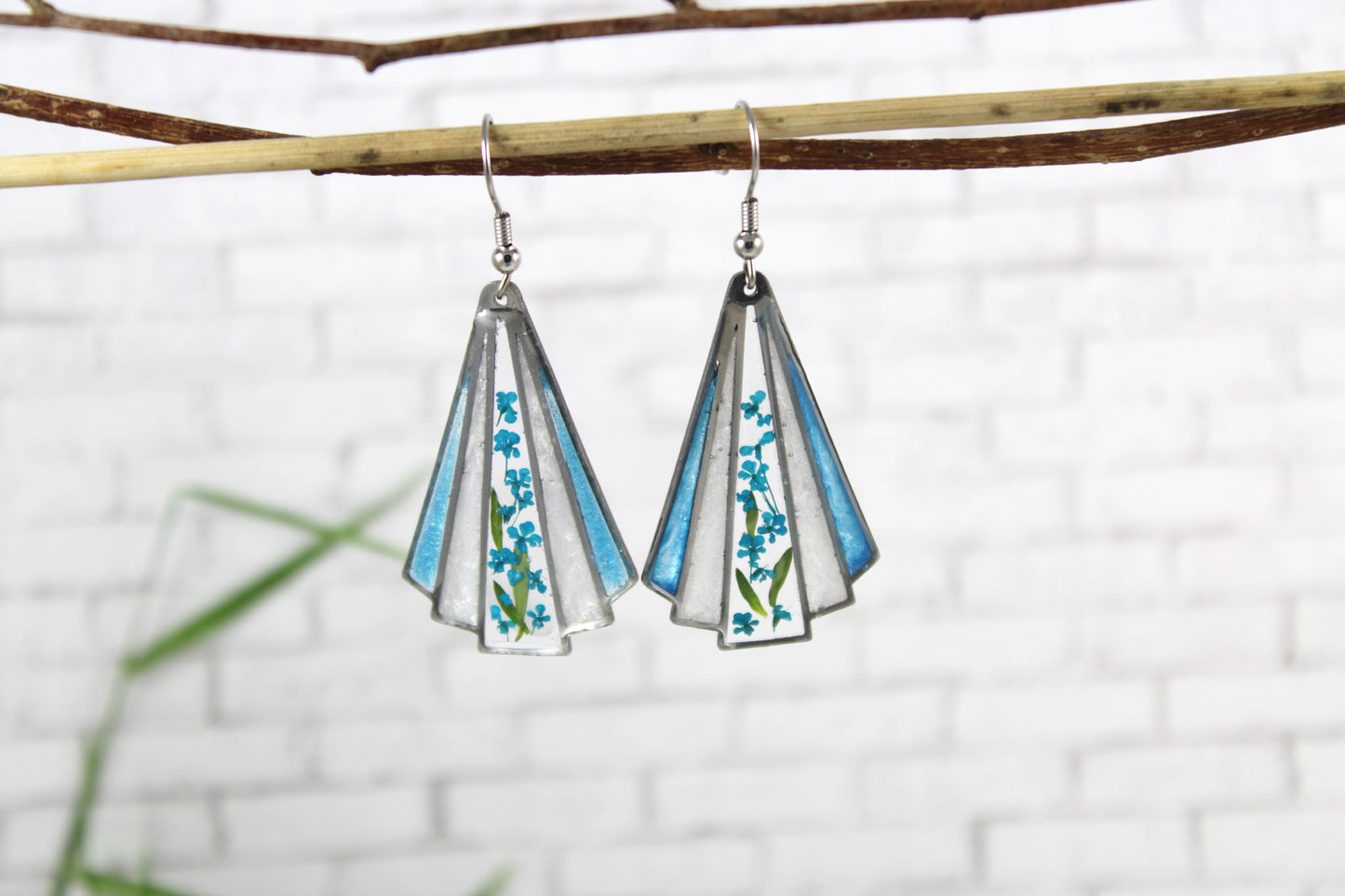 Geometric Earrings with Real Pressed Flowers