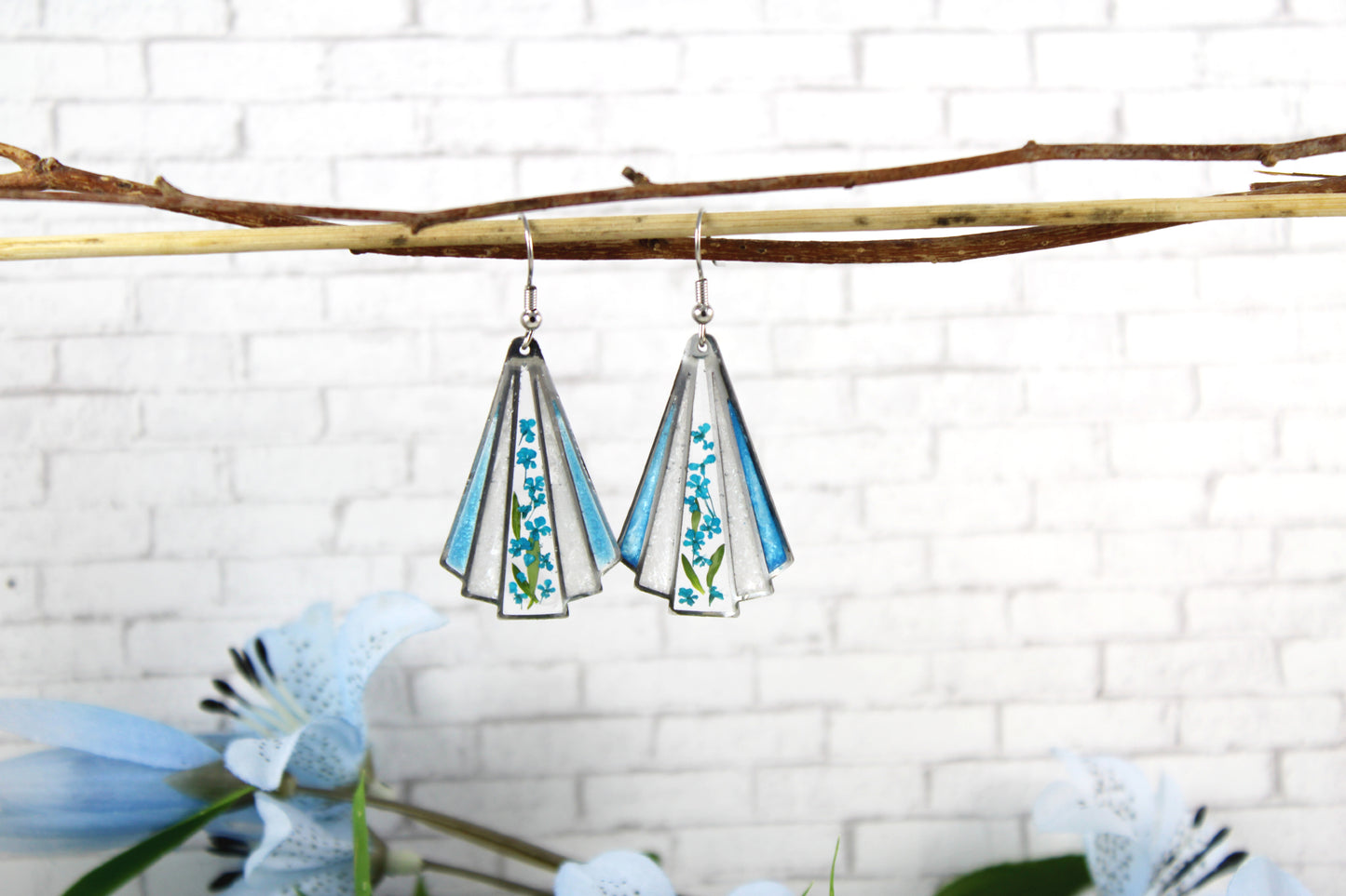 Geometric Earrings with Real Pressed Flowers