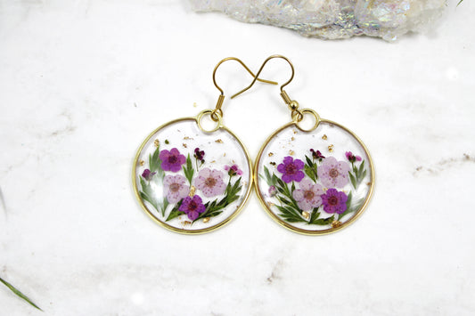 Real Flower Circle Earrings in Gold Frame