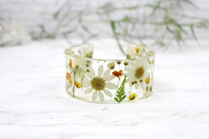 Real Daisy Resin Cuff Bracelet | Pressed Flower Resin Bangle